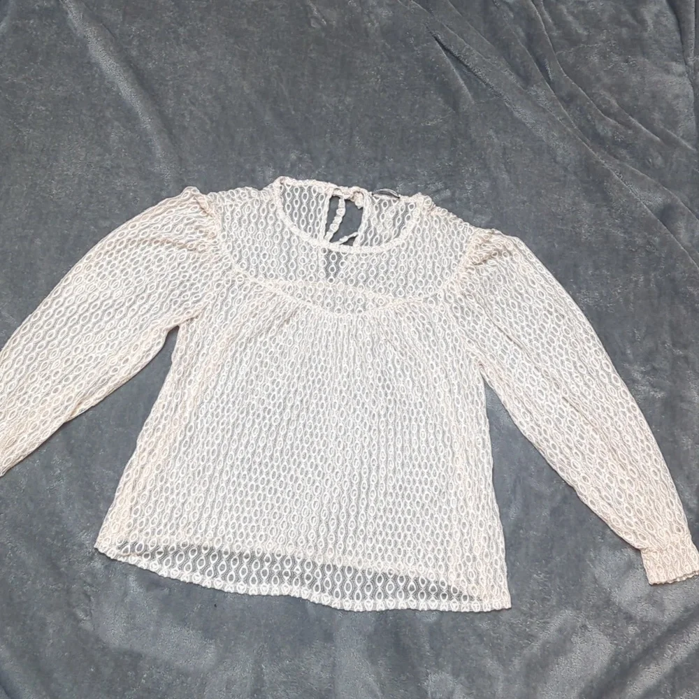Zara Sheer Ivory Lace Romantic Cottagecore Flirty Balloon Sleeve Top Size Large